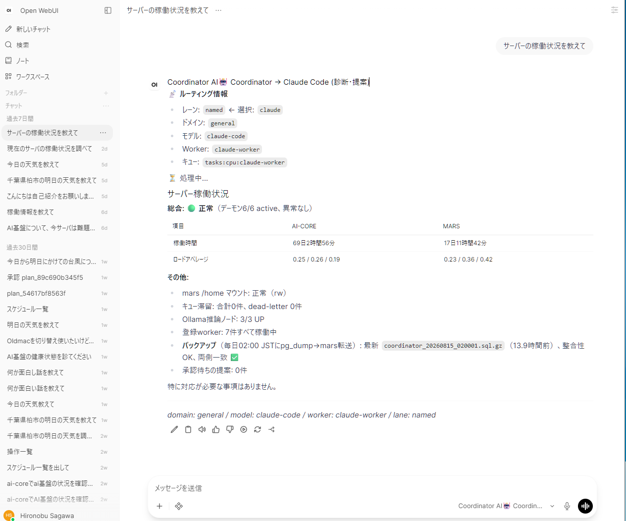AIにサーバの稼働状況を診断させた画面