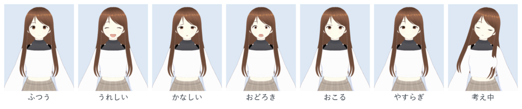 Haruno の7つの顔を並べた図。ふつう・うれしい・かなしい・おどろき・おこる・やすらぎ・考え中