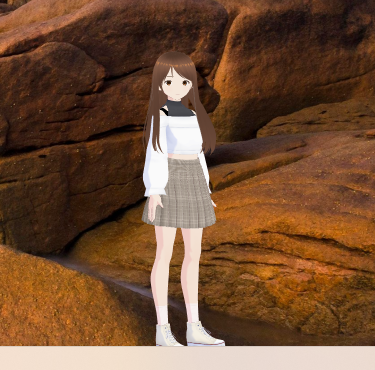 Windows 11 のデスクトップの壁紙の上、タスクバーのすぐ上に、VRM のキャラクター Haruno が直接立っている。周りにウィンドウの枠は無い