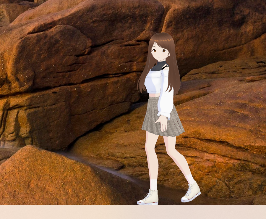 タスクバーの上を左へ歩いている Haruno。片足を前に踏み出し、少し画面の手前を向いている
