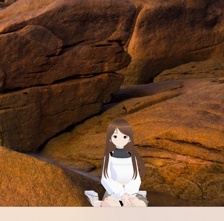タスクバーの上で、正面を向いて女の子座りをしている Haruno。両手は膝の間に置いている