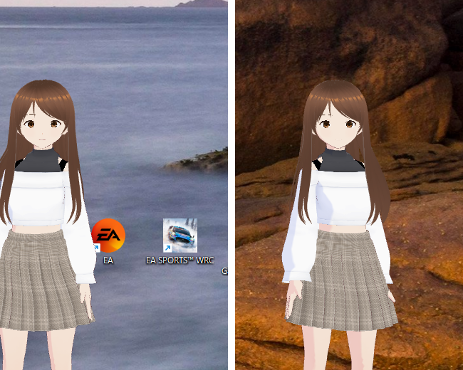 左右に並べた Haruno の顔。左は画面の左端に立ったところで、顔を画面の中央の側(右)へ向けている。右は画面の右端に立ったところで、顔を中央の側(左)へ向けている