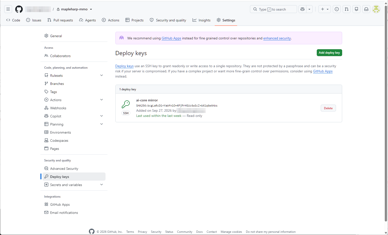 GitHub のリポジトリ設定の Deploy keys 画面。ai-core mirror という名前の鍵が Read-only で登録されている