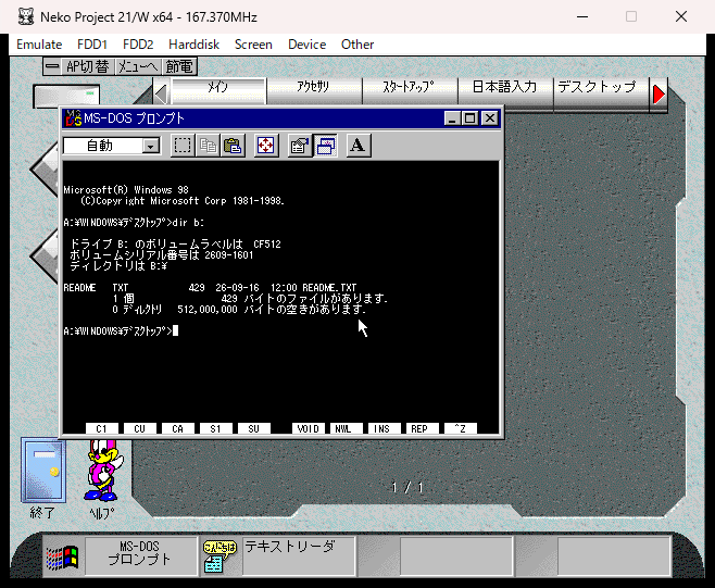 DIR B: でボリュームラベル CF512 が表示されている画面