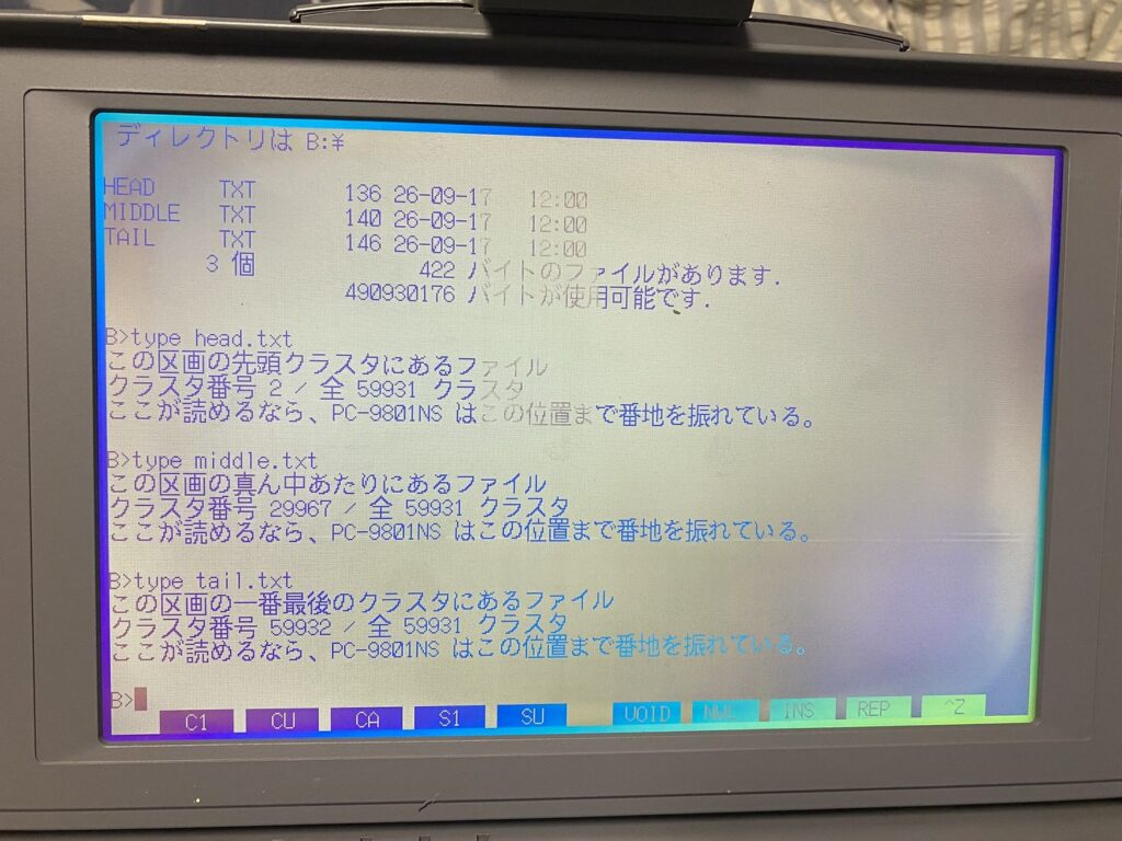 B ドライブで HEAD.TXT MIDDLE.TXT TAIL.TXT が読めている画面