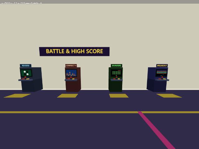 モールの 3 階のゲームセンターの奥の壁に、リバーシ・四目並べ・インベーダー・ブロック崩しの筐体が 4 台並び、上の壁に「BATTLE & HIGH SCORE」の看板が掛かっている