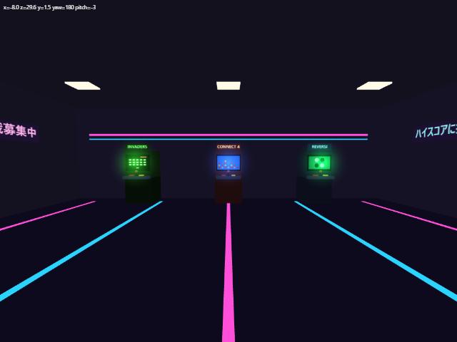 単独のゲームセンターの店内。奥に筐体が 3 台並び、両側の壁にネオンの線が走っている